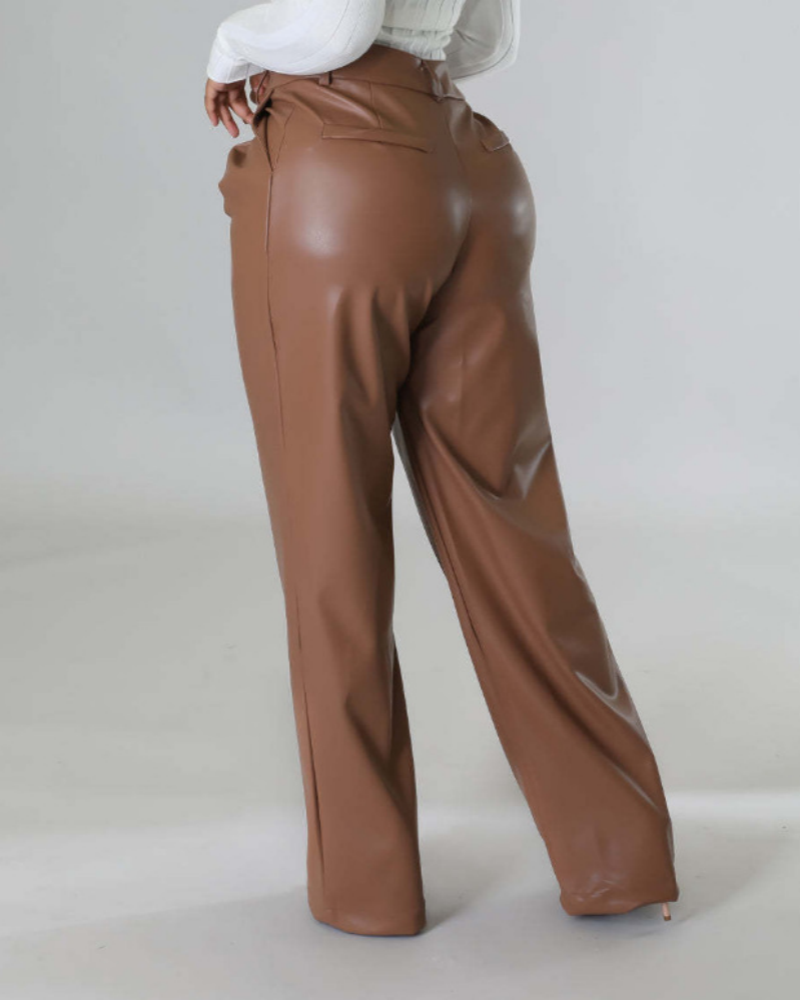 Pantalones Casual de Cuero Sintético con Bolsillos, Pierna Ancha y Corte Suelto