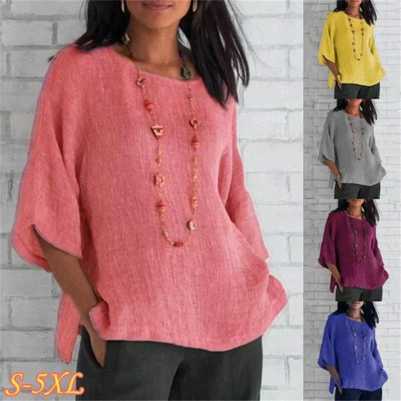 Manga de siete puntos cuello redondo algodón lino top