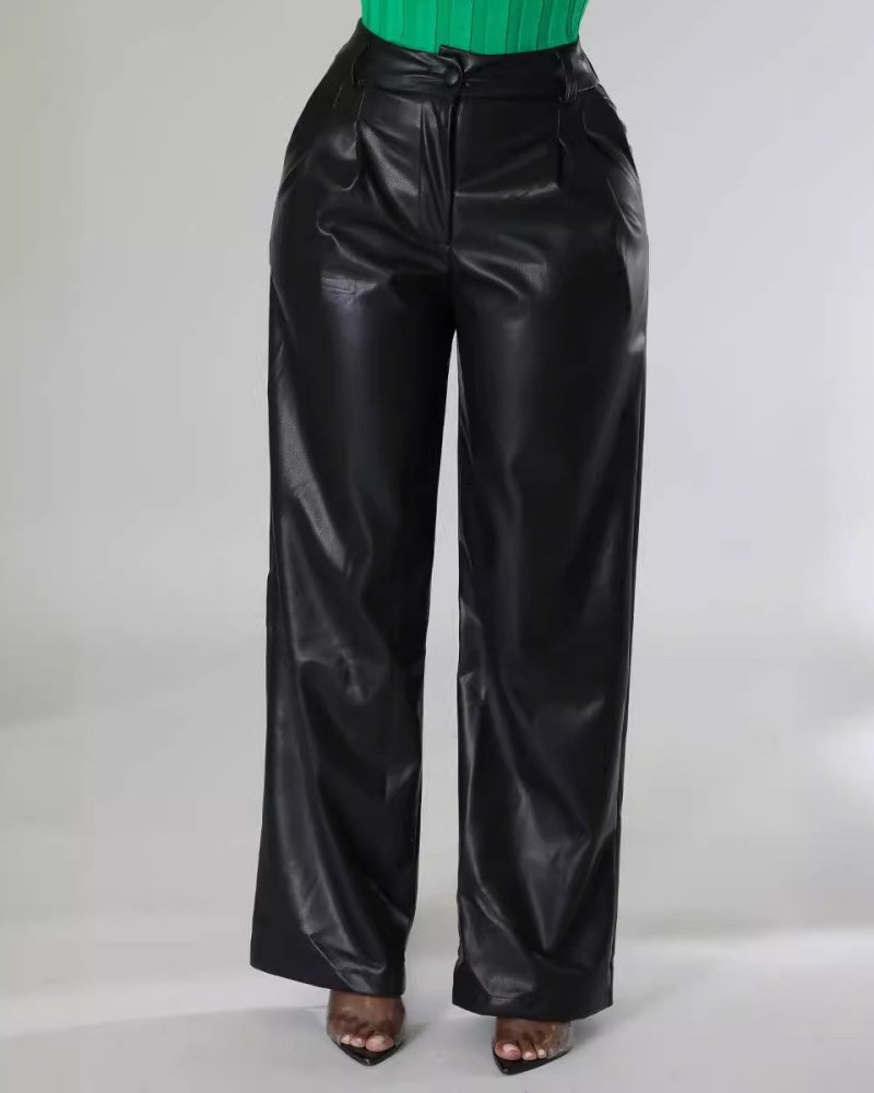 Pantalones Casual de Cuero Sintético con Bolsillos, Pierna Ancha y Corte Suelto