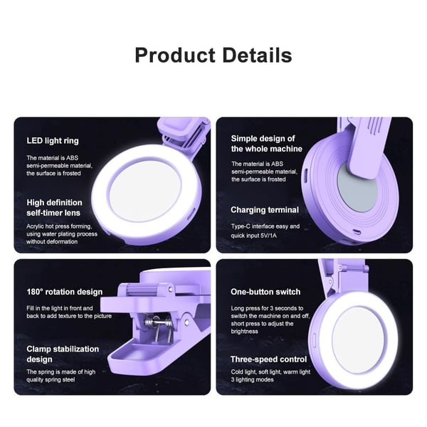 🔥Oferta especial de verano: 49 % de descuento🔥Anillo de luz para selfies con clip, tres colores de luz y espejo