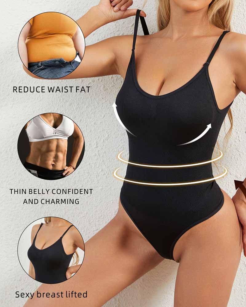 Top Body Shaper tipo Tank con Control de Abdomen, Sin Costuras, Cuello Redondo y Tanga
