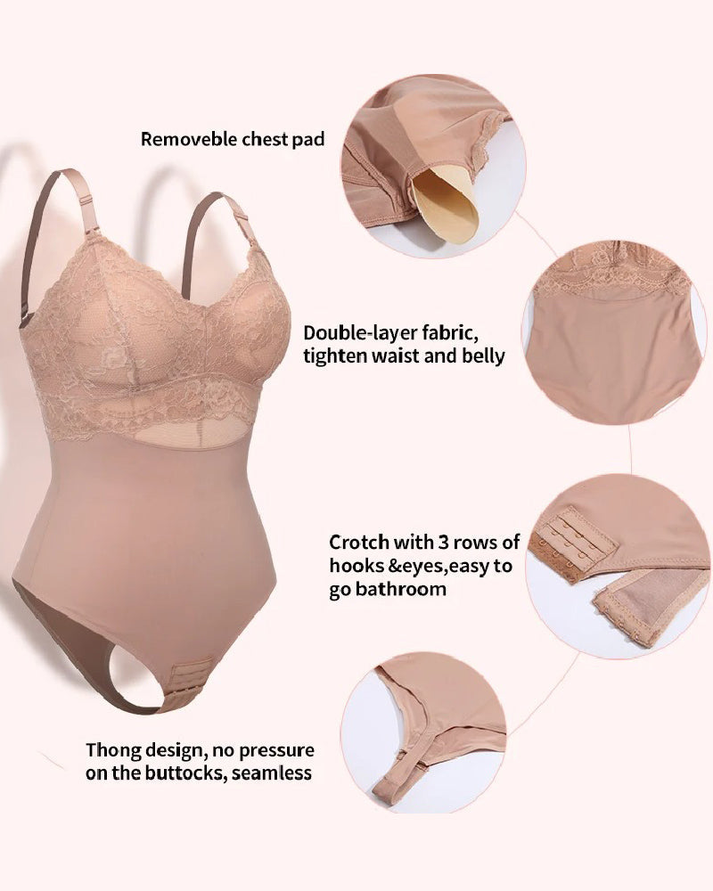 Body moldeador sin costuras con encaje, control de abdomen, cintura slim y tanga, con sujetador