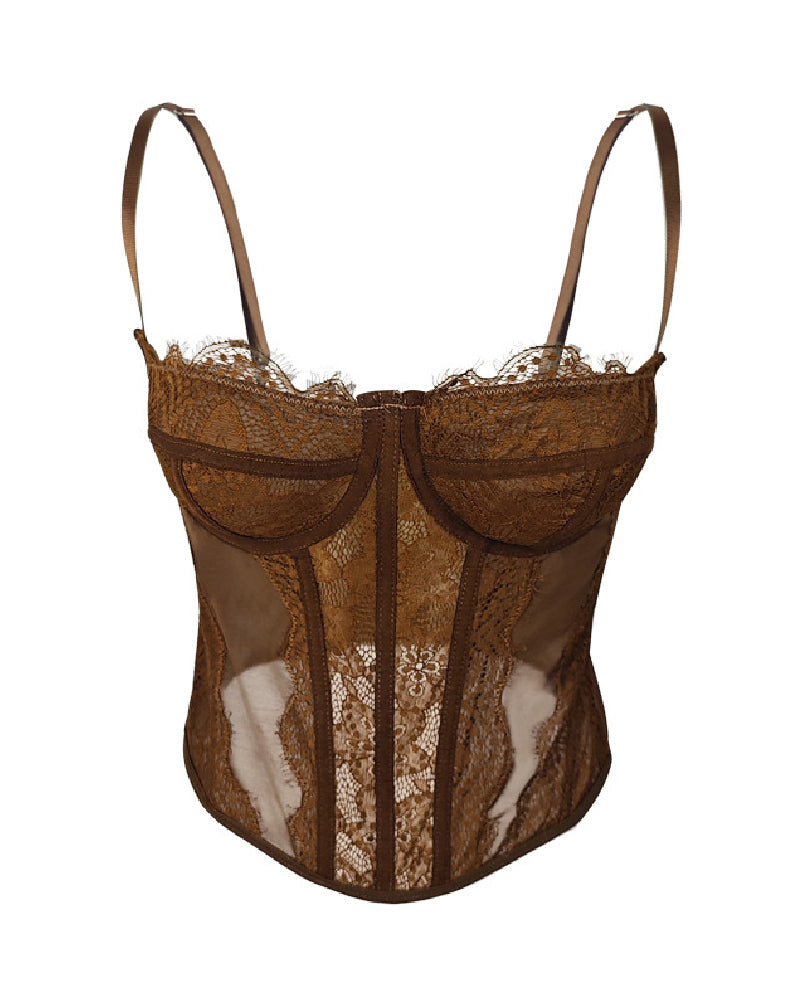 Corset de Encaje Transparente con Push Up para Mujer, Top Bustier con Ballenas y Tirantes, Top Corto Sexy
