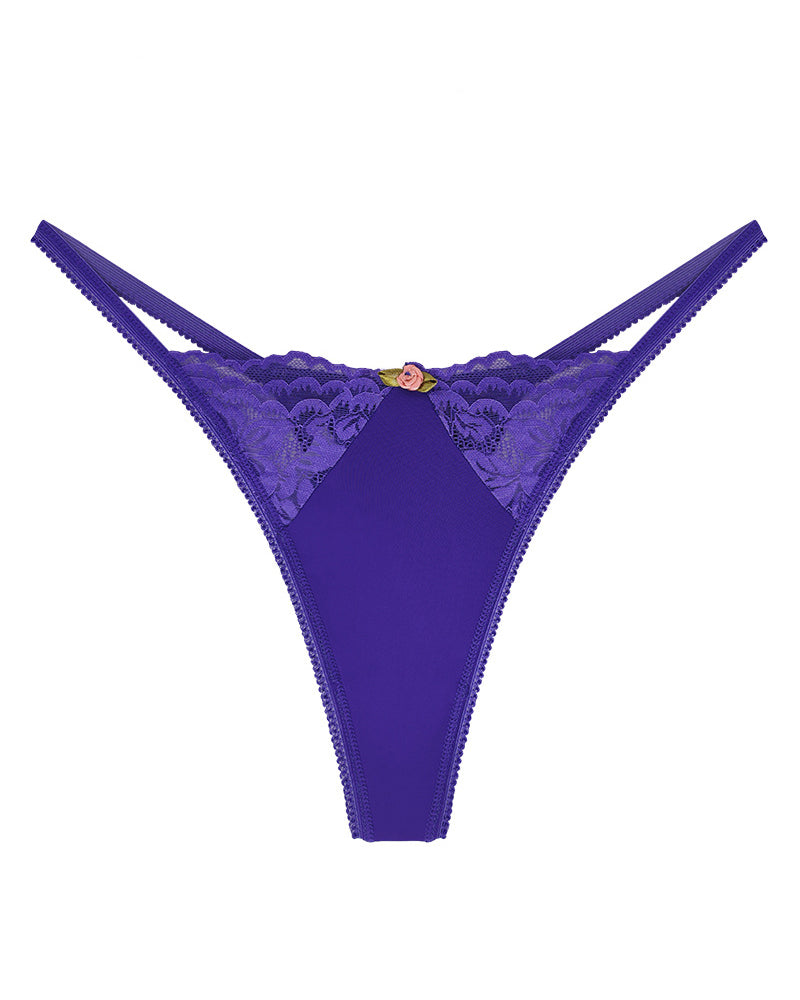 Tanga Sexy Elástica con Encaje Hueco, Cintura Baja y Decoración de Flores, Bikini