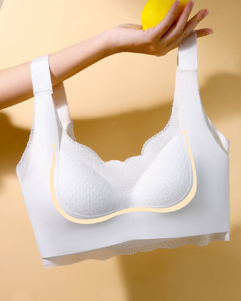 Sosten sin Costuras Copa Completa Fija Ultra Delgado Encaje Sexy Push Up con Ribete Ondulado Bralette