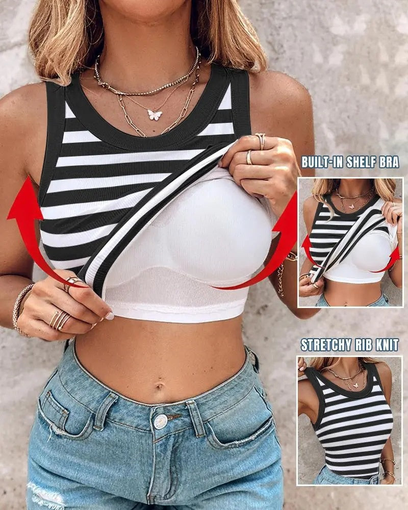 Top sin mangas acanalado con cuello redondo y sostén incorporado con relleno