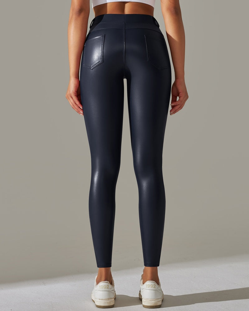 Pantalones de cuero PU de cintura alta ajustados para deportes y yoga slim