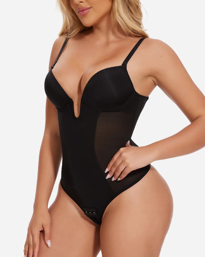 Body de malla con escote profundo, espalda descubierta y tanga moldeadora sexy