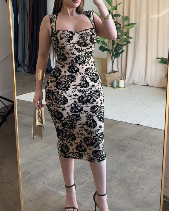 Vestido Midi Ajustado de Encaje Floral Sexy en Negro y Taupe Claro