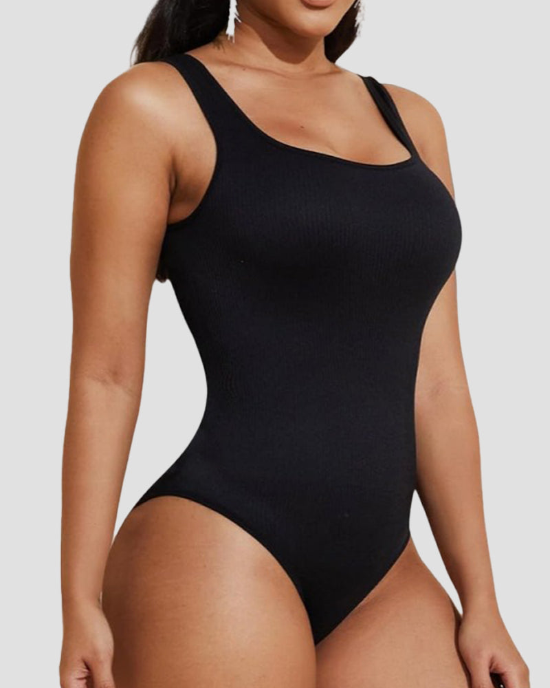 Body de control de abdomen con tiras tipo tanga y escote en U, estilo sexy