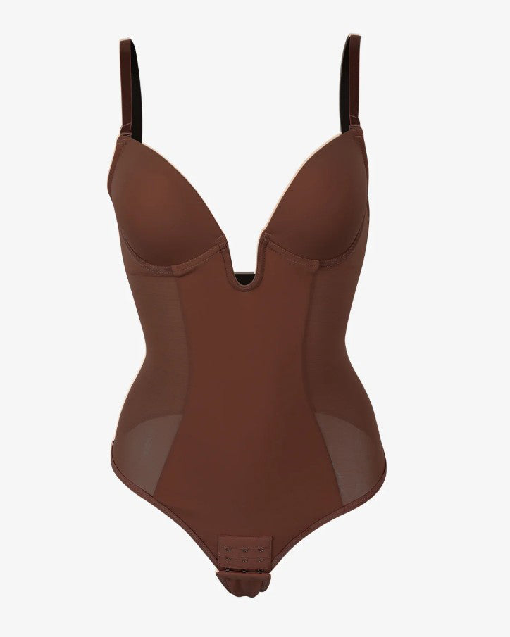 Body de malla con escote profundo, espalda descubierta y tanga moldeadora sexy