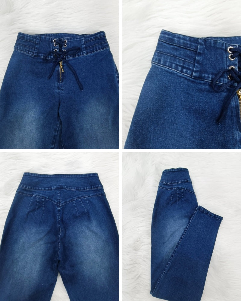 Jeans Skinny Ajustados con Cintura Elástica y Detalle de Cordones en la Parte Delantera para Mujer