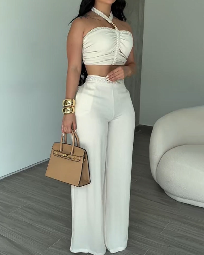 Conjunto de Dos Piezas con Cinta Trenzada y Pantalones Acampanados