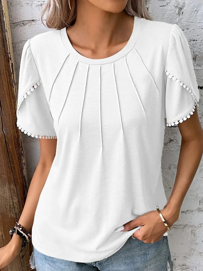 🔥49% de descuento🔥Nueva camiseta casual de encaje de color liso con cuello redondo para mujer