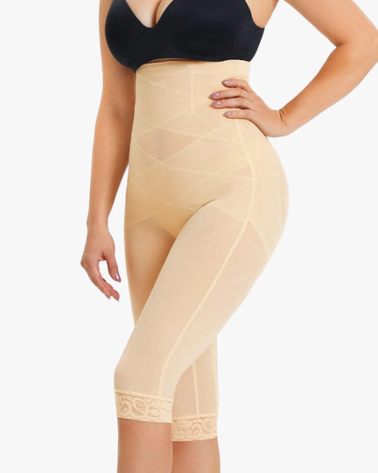 Pantalones Moldeadores de Malla Transparente con Encaje y Cintura Alta para Mujer