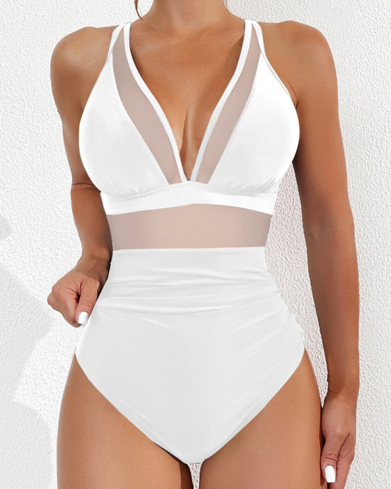Sexy Deep V Mesh Backless One Piece Shapewear Swimsuit