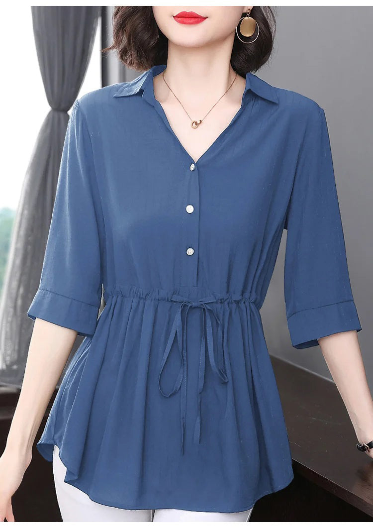 Camisa holgada con cuello en V de longitud media para mujer