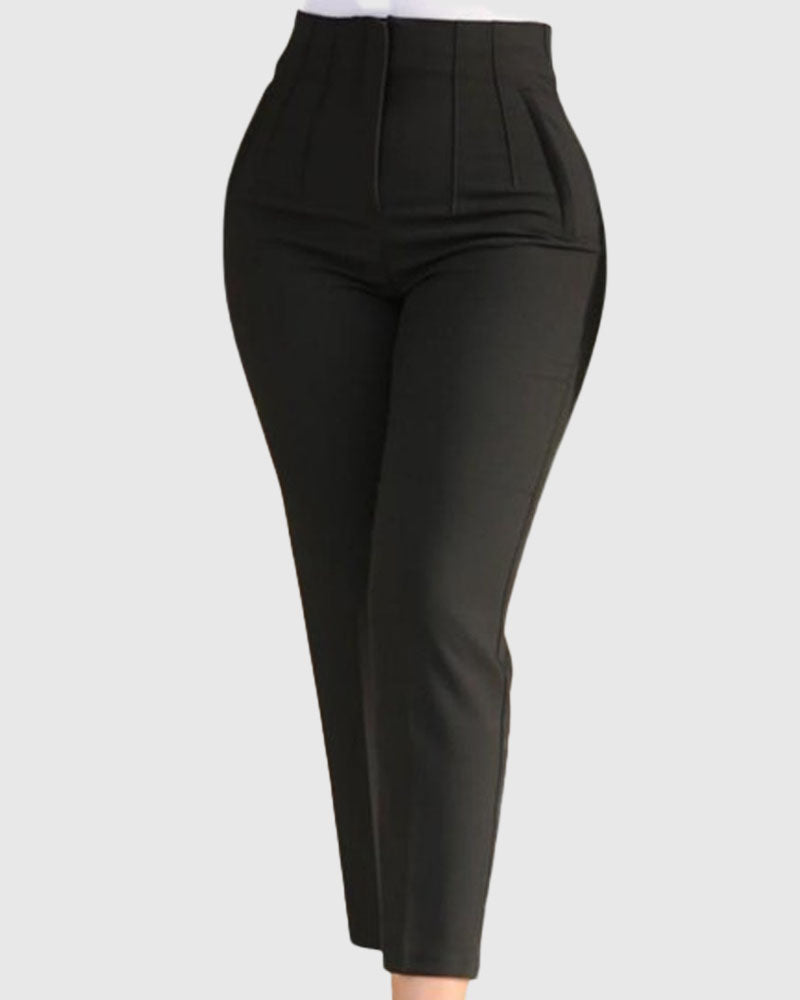 Pantalones de Mujer a Medida con Pliegues, Cintura Alta y Bolsillos Laterales, de 9 Puntos