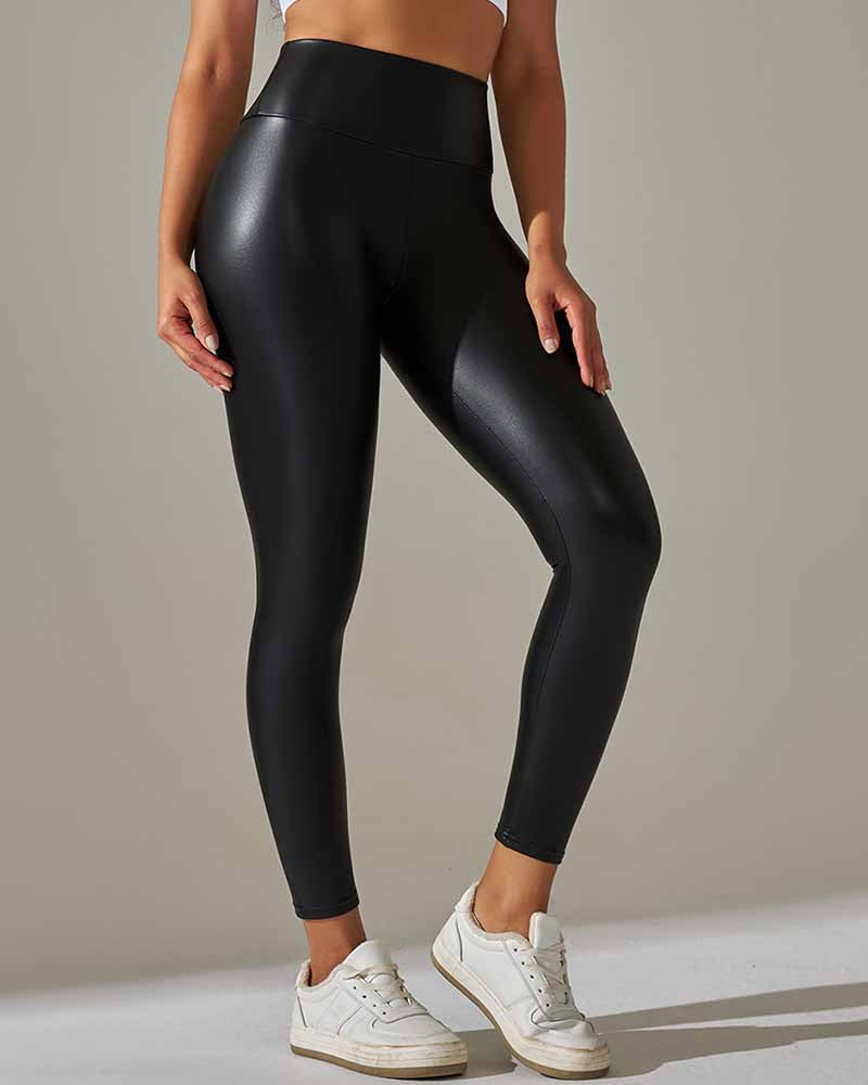 Pantalones ajustados de cuero PU elásticos de tiro alto para mujer con sensación desnuda