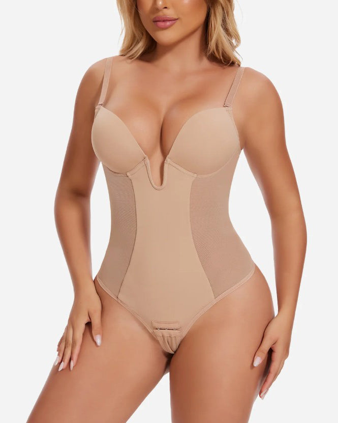 Body de malla con escote profundo, espalda descubierta y tanga moldeadora sexy