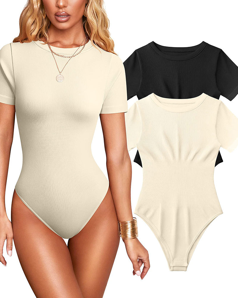 Mujer Sexy Body de Tirantes Cortos con Cuello Redondo, Control de Abdomen y Diseño de Tanga de Punto Acanalado
