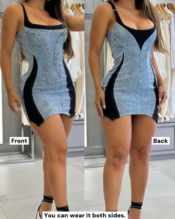 Vestido Mini Denim Bodycon con Tirantes de Color Contraste Shapshe®