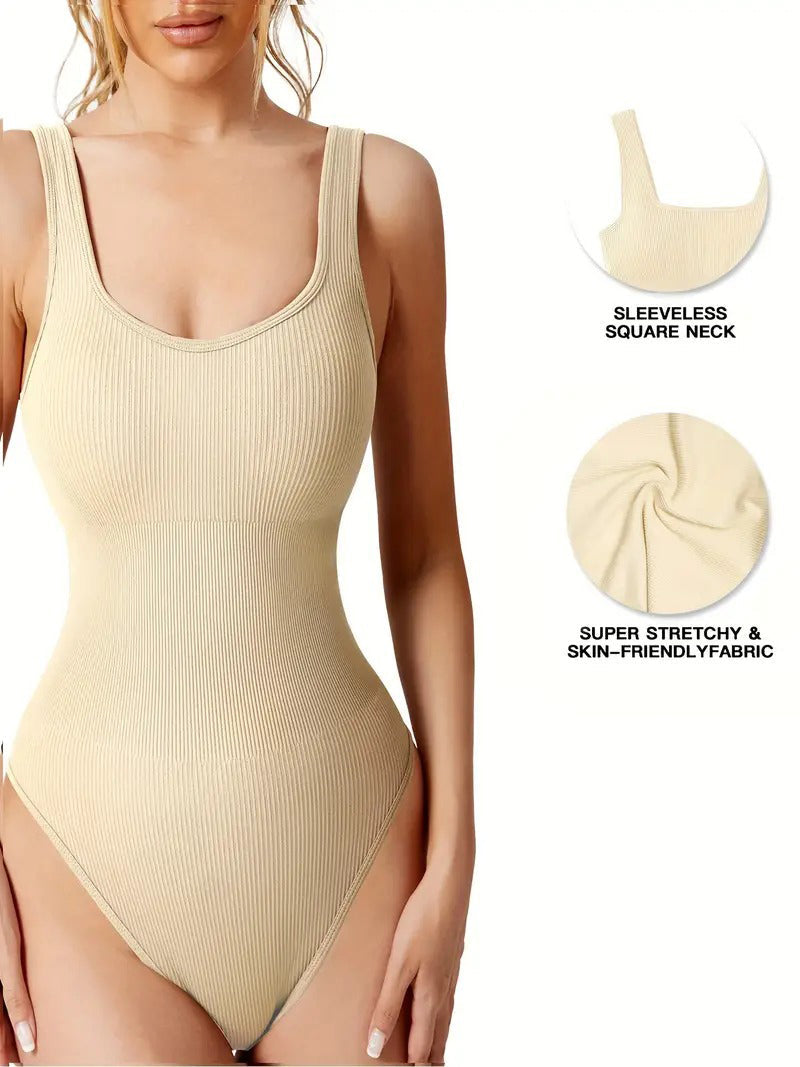 Body de Moldeador Femenino Sexy Sin Mangas con Cuello Cuadrado y Diseño Acanalado