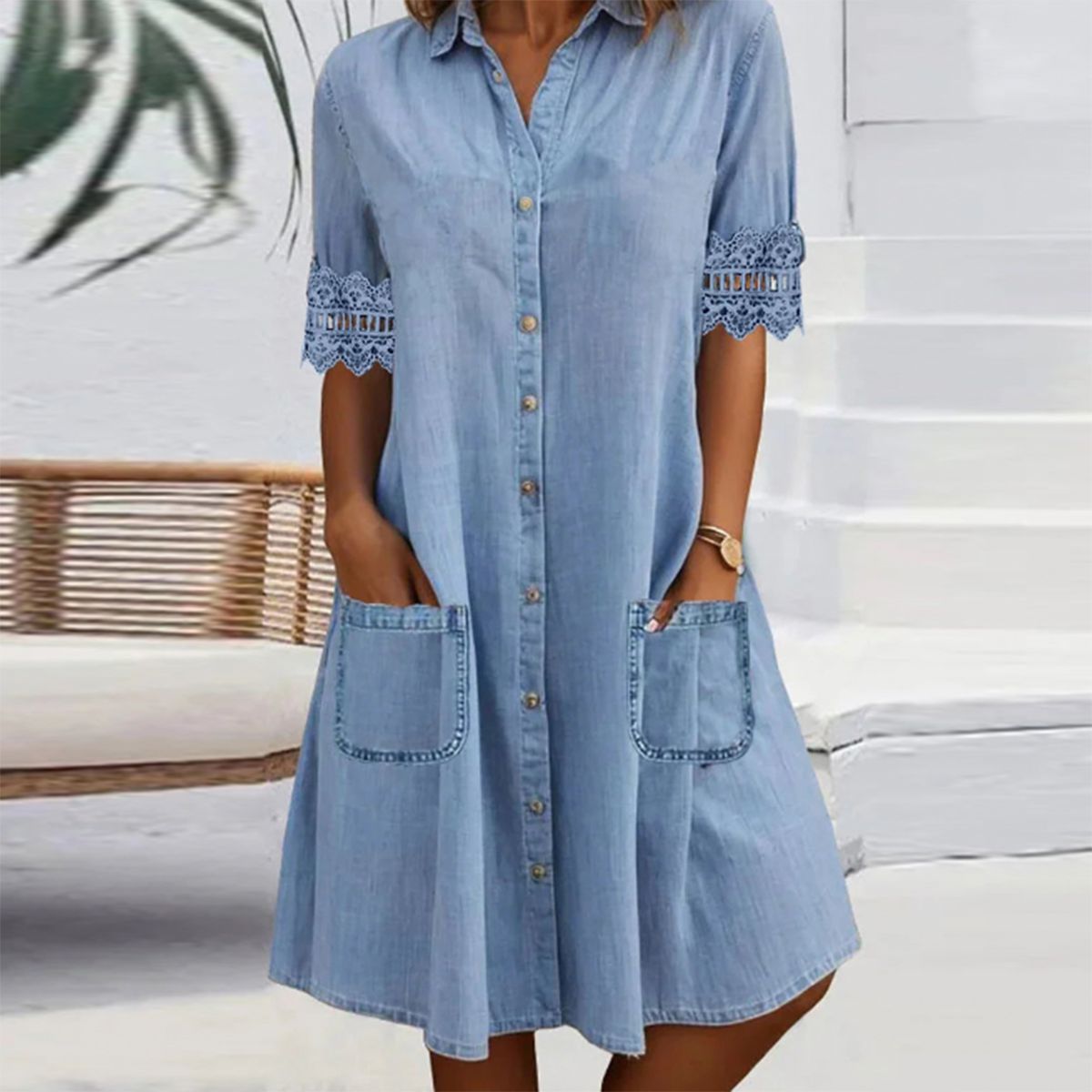 ⏰🔥 ¡50% DE DESCUENTO POR TIEMPO LIMITADO! 👗 Mini Vestido Vaquero Azul – Ribete de Encaje y Cuello, Casual y Elegante 💙✨