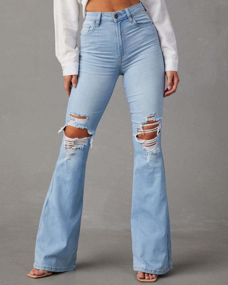 Jeans Rotos de Tiro Alto para Mujer Estilo Urbano Pantalones Acampanados