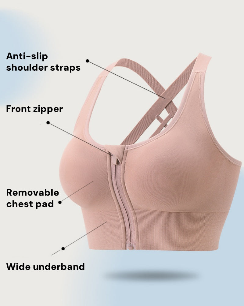 Sujetador deportivo push up anti-flacidez a prueba de golpes con cierre frontal para mujer