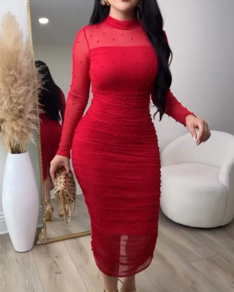 Vestido Midi Ajustado con Paneles de Malla Elegante, Fruncido y Cuello Simulado