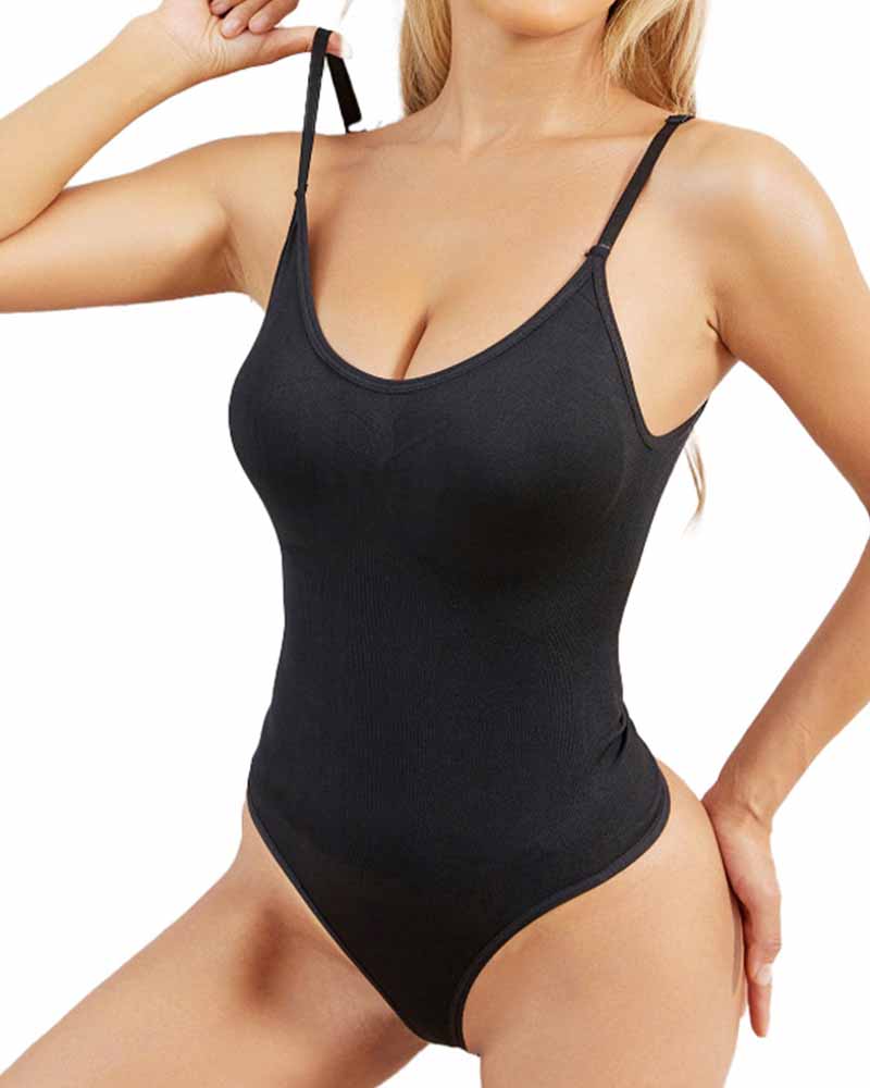 Top Body Shaper tipo Tank con Control de Abdomen, Sin Costuras, Cuello Redondo y Tanga