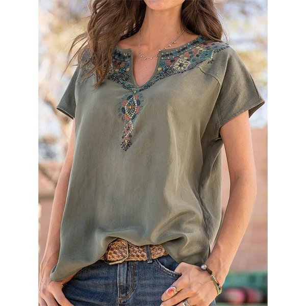 Camiseta de manga corta con cuello en V para mujer