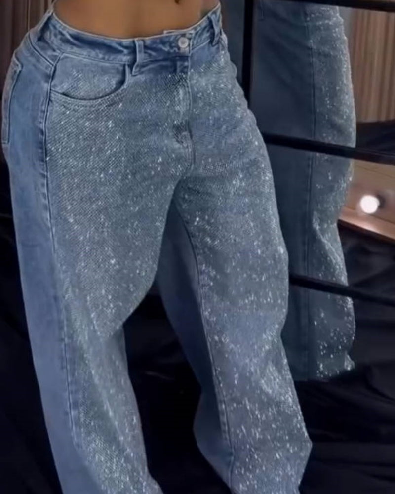 Jeans de pierna ancha versátiles de moda para mujer Shapshe® con pedrería