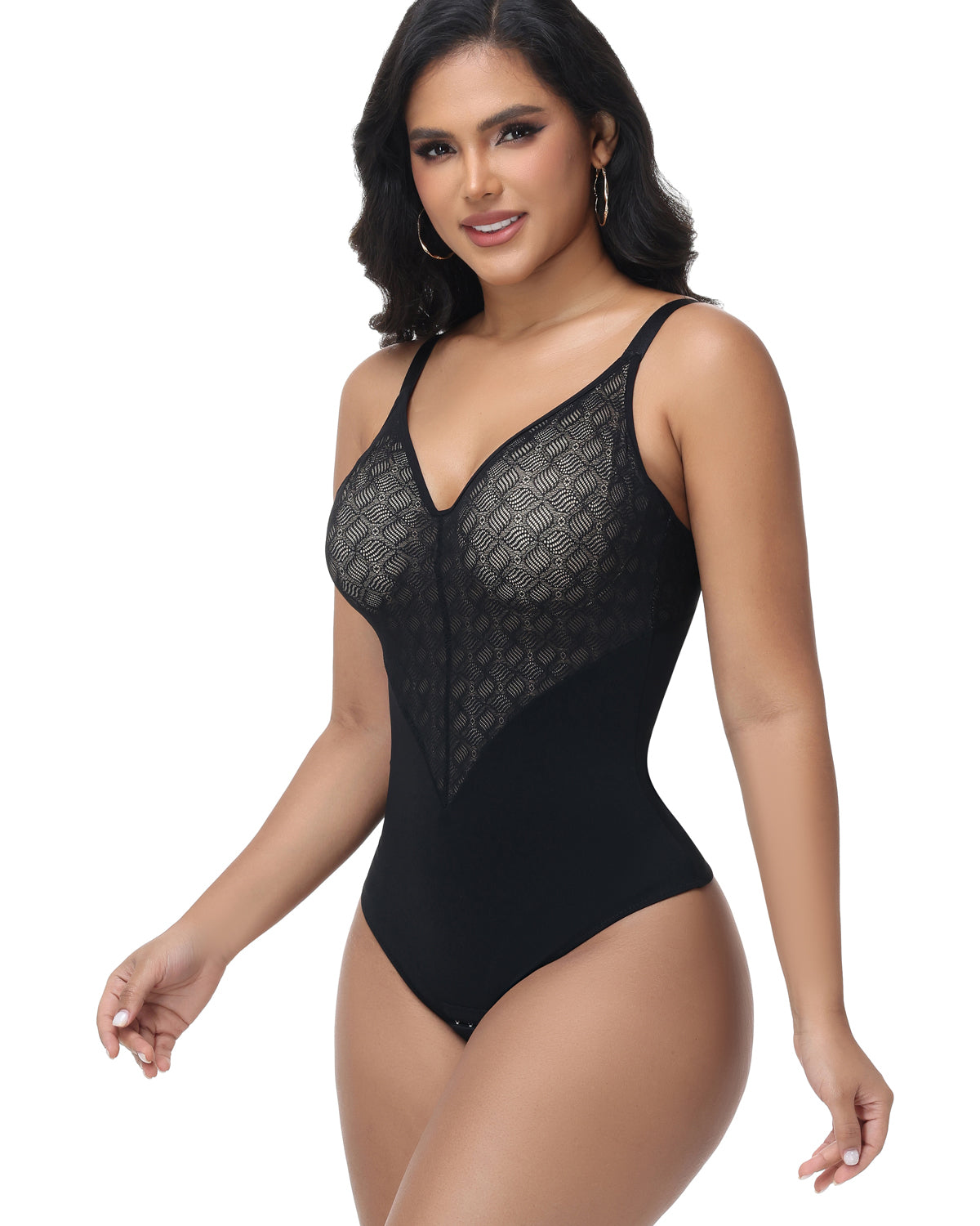 Shapshe® Body moldeador de encaje transparente con escote en V y control de abdomen