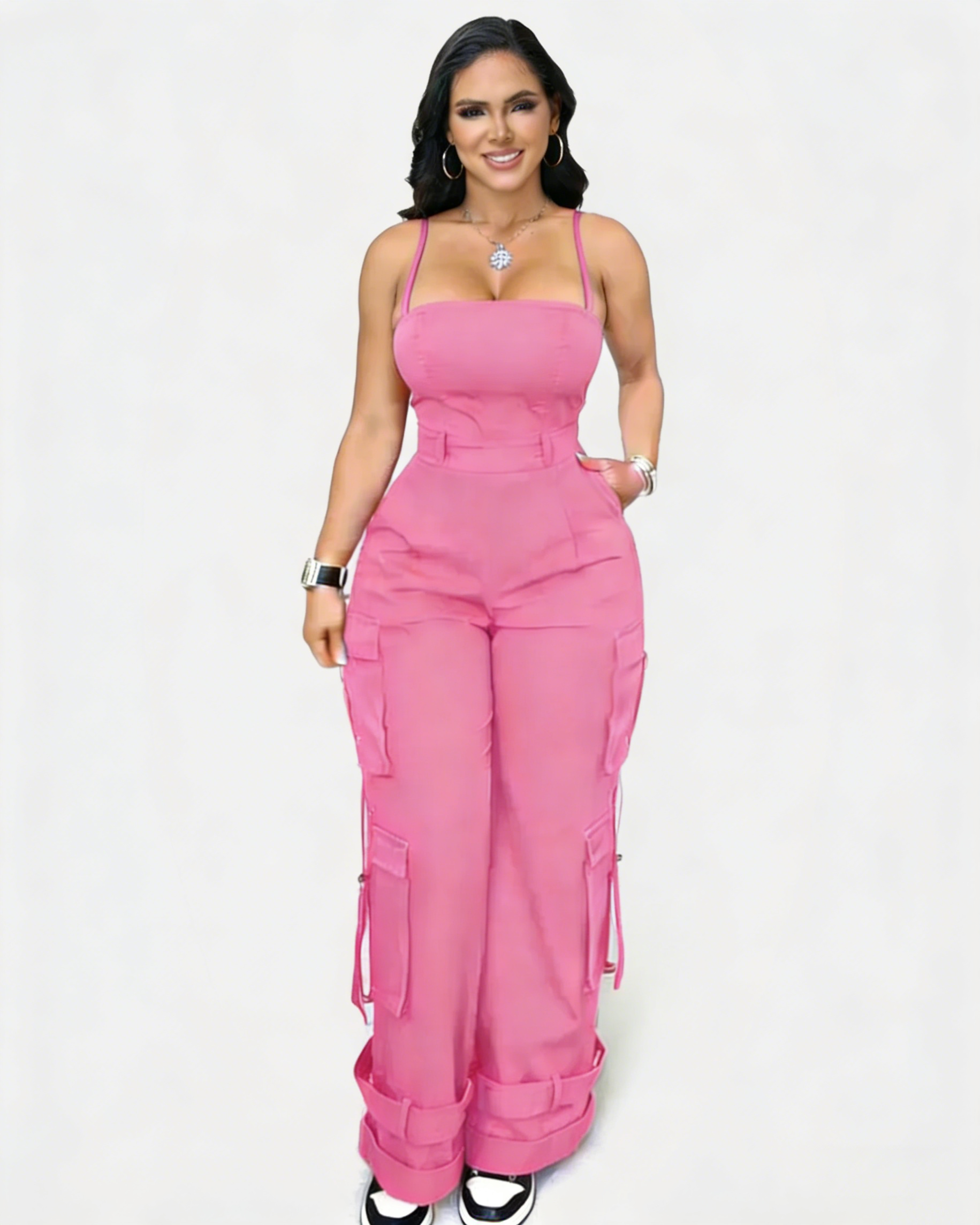 Mono de pierna ancha con bolsillos para mujer casual, curvy, holgado, estilo cargo, enterizo, peto