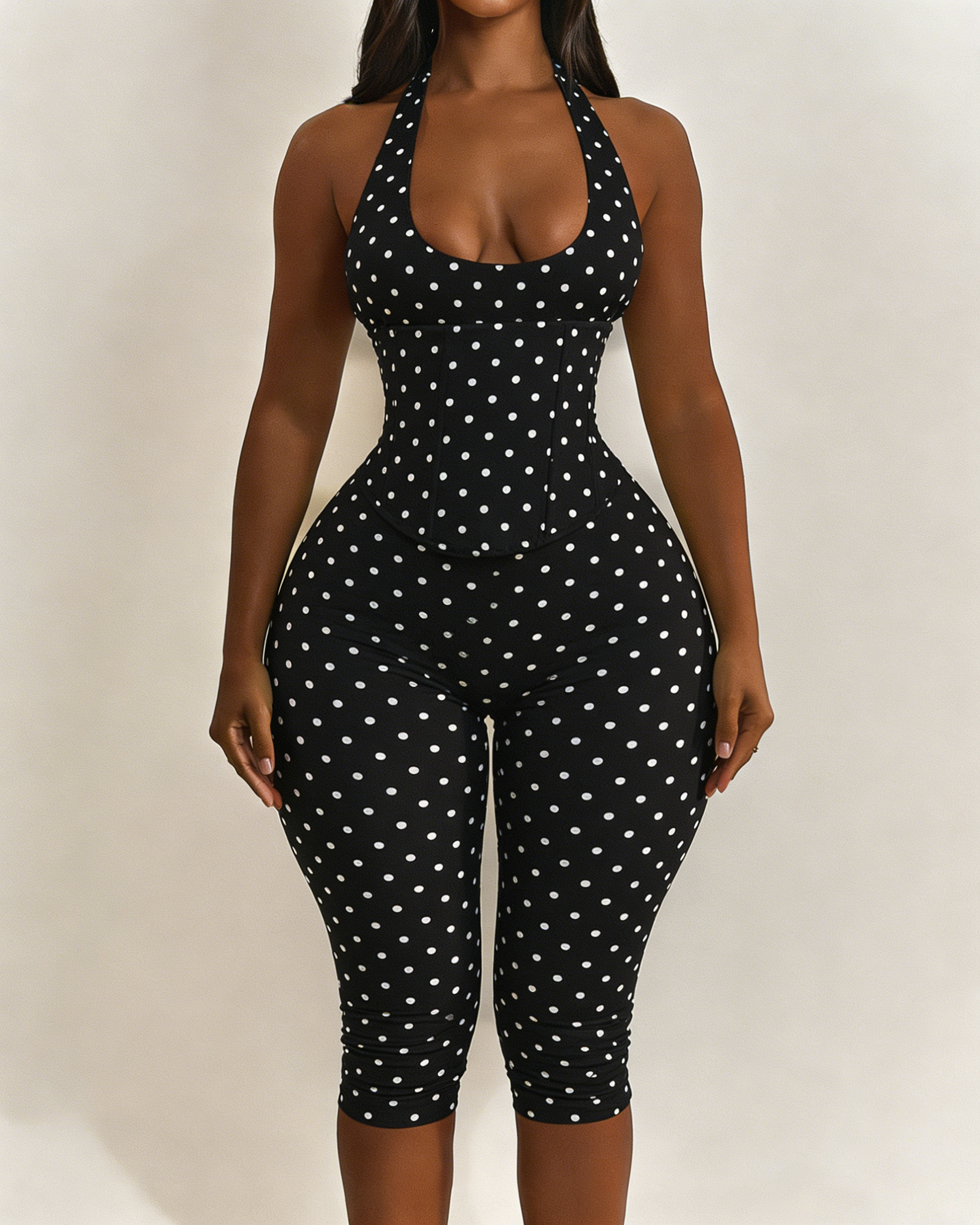 Mono Capri con Cintura de Reloj de Arena y Estampado de Lunares