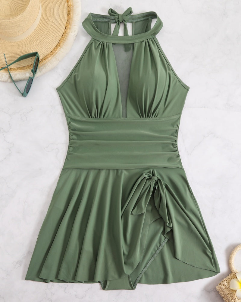 Traje de baño de talla grande con cuello halter, panel de malla, control de abdomen y lazo lateral