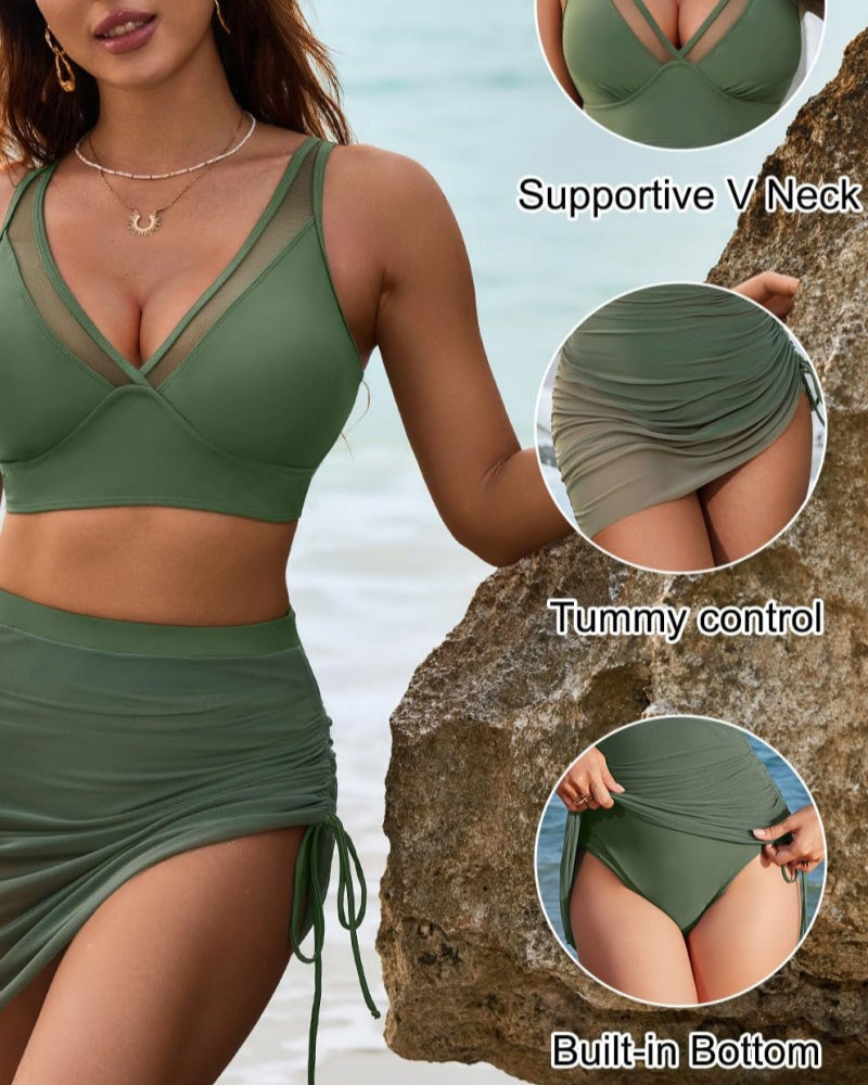 Conjunto de Traje de Baño Moldeador Sexy con Escote Profundo en V y Malla, con Cordón Lateral