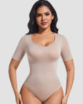 Seamless Short Sleeve Thong Bodysuit Tummy Control Round Neck Body Shaper