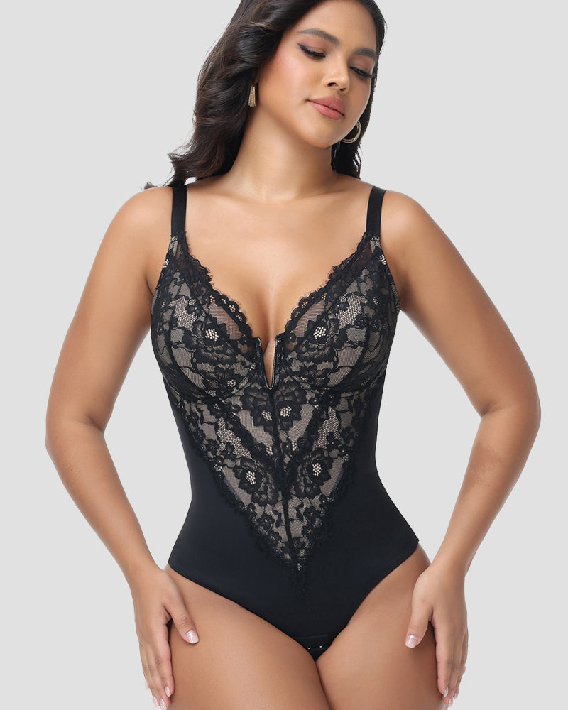 Shapshe® Body moldeador sexy con escote profundo y encaje, con cierre de gancho en la entrepierna