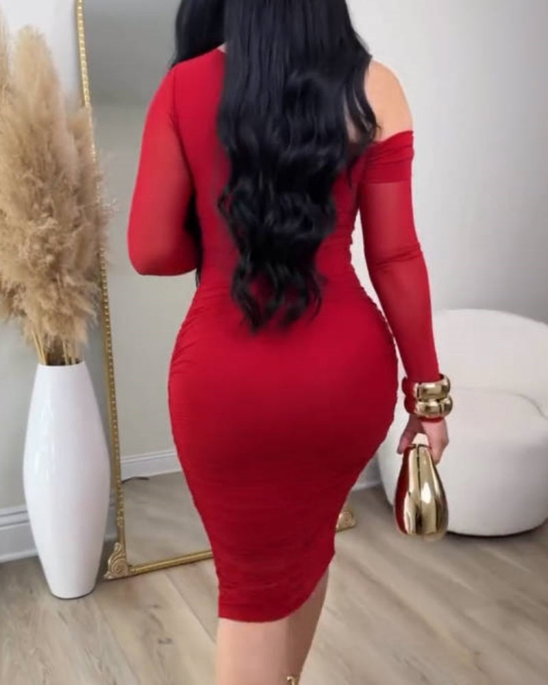 Vestido Midi Ajustado de Malla con Cuello Inclinado Elegante y Mangas Largas
