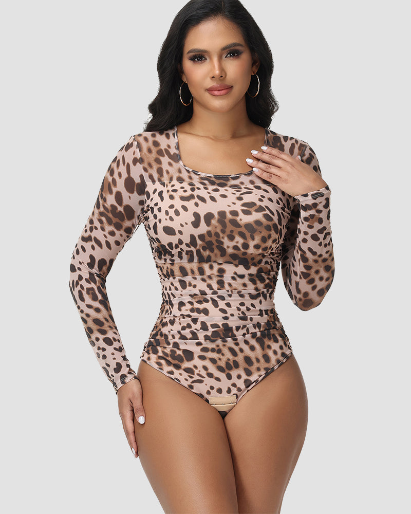 Shapshe® Body de Tanga con Control de Abdomen Fruncido y Estampado de Leopardo