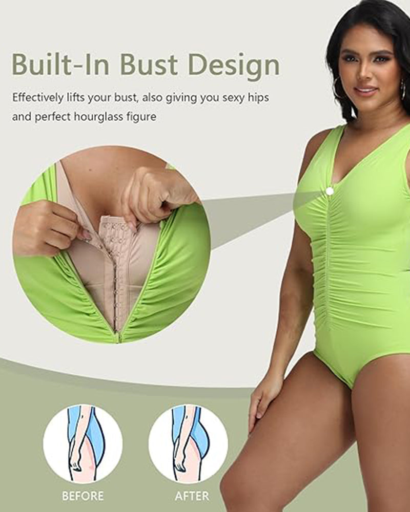 Shapshe® Traje de baño de una pieza con escote en V profundo, fruncido y control de abdomen