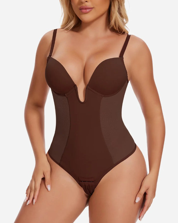 Body de malla con escote profundo, espalda descubierta y tanga moldeadora sexy