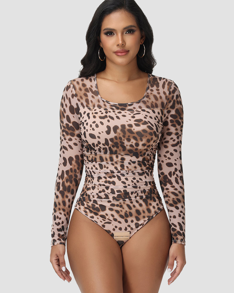 Shapshe® Body de Tanga con Control de Abdomen Fruncido y Estampado de Leopardo