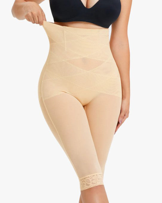 Pantalones Moldeadores de Malla Transparente con Encaje y Cintura Alta para Mujer