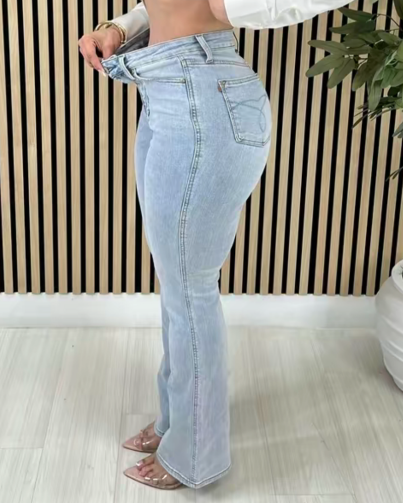 Jeans Acampanados de Cintura Alta Lavados con Control de Abdomen Elegantes