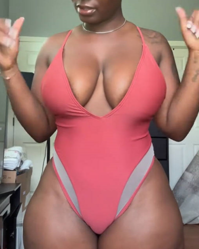 Traje de baño moldeador con tirantes finos, escote en V profundo y combinación de malla sexy