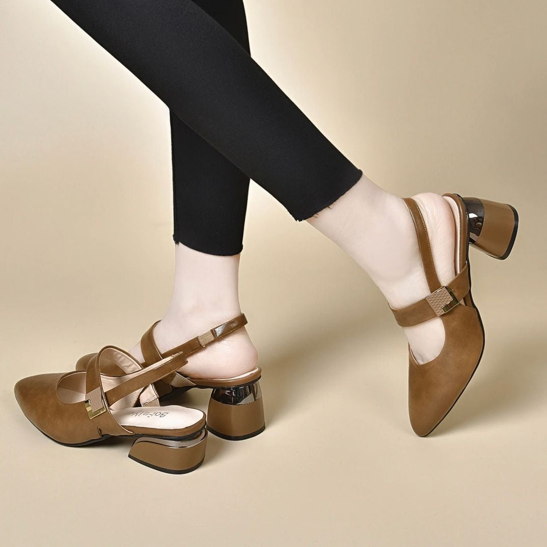 Sandalias de Tacón Medio Cuero Transpirable Aura Prisma Serenidad, Elegancia Cómoda Todo el Día